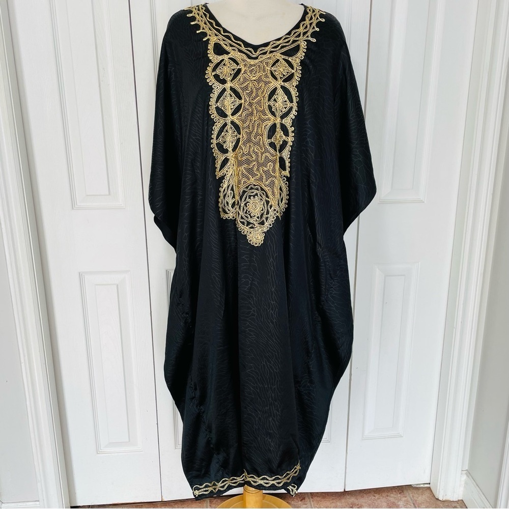 Elegant Black Kaftan, Kimono, Muumuu with Gold Embroidery